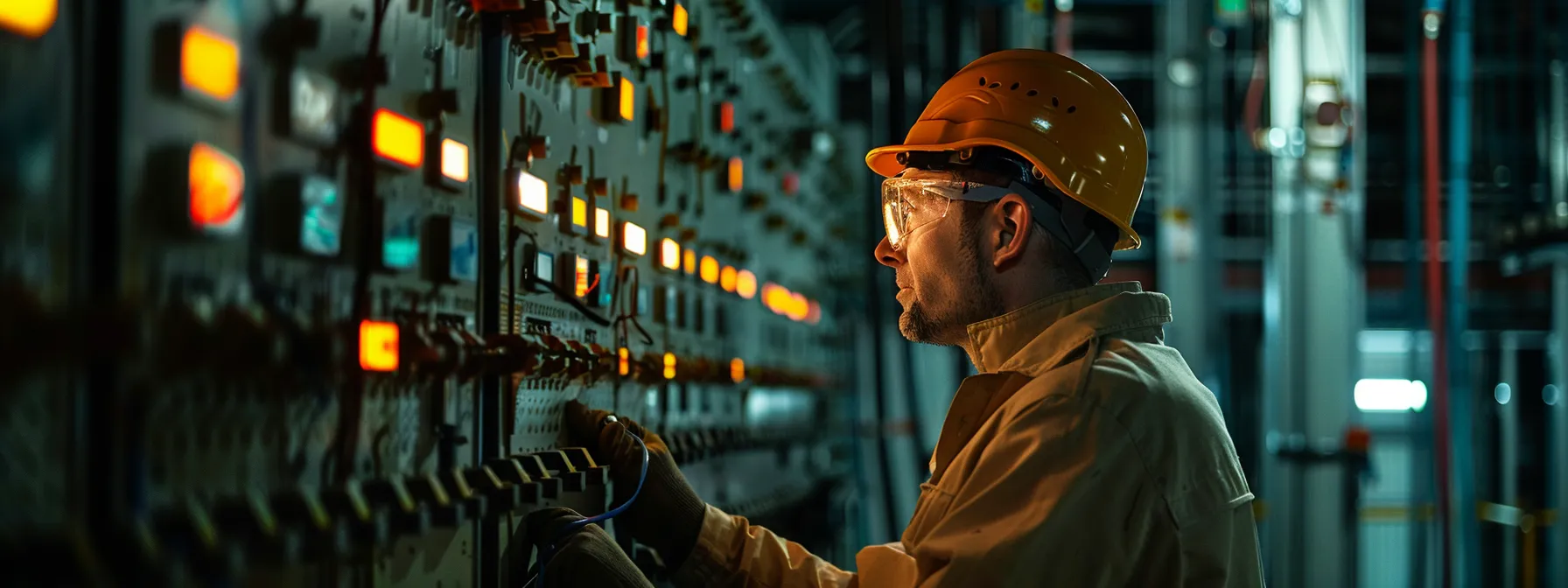 a technician in a bright yellow safety helmet carefully inspects a large, complex electrical panel in a dimly lit industrial setting.