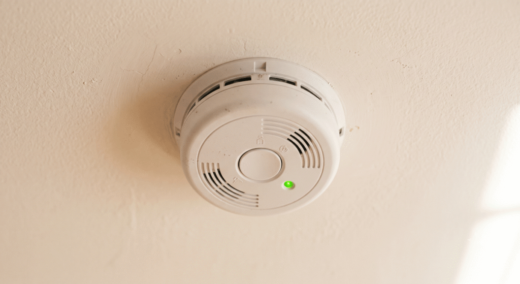 White, round smoke detector mounted on a beige ceiling with a green LED indicator light on.