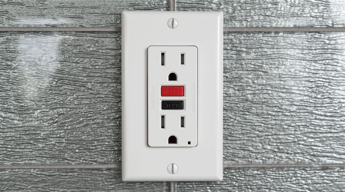 Two standard electrical outlets on a gray textured wall with a central dual-button reset/test unit in red and black (GFCI style).