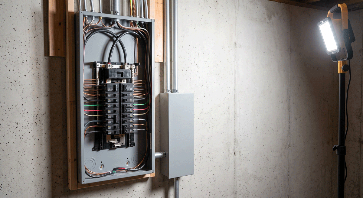 A precise installation of a new, grey steel North American 200-amp electrical panel