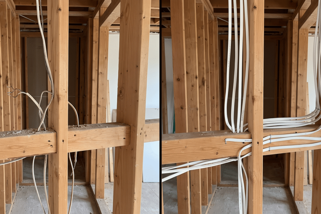 Wood-framed interior under construction with exposed electrical wires running through studs and across a wooden beam