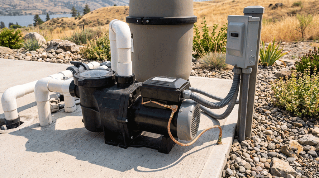 a-residential-pool-equipment-pad - Kemp Co Electric Outdoor pool pump and filter system connected to white PVC pipes on a concrete pad amid rocky landscaping.