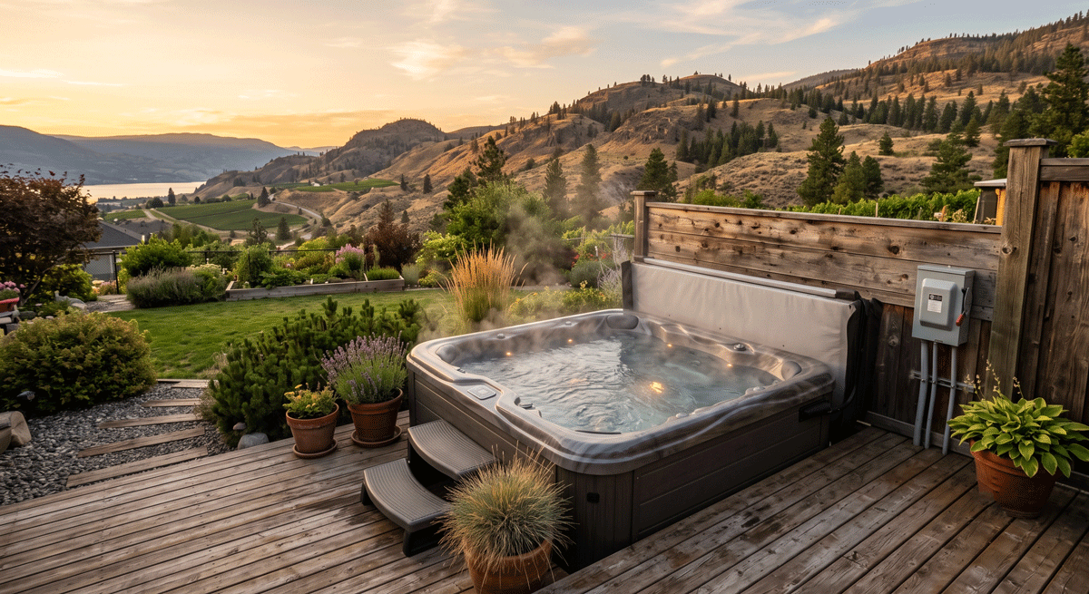 a hot tub on a cedar deck in a Kelowna