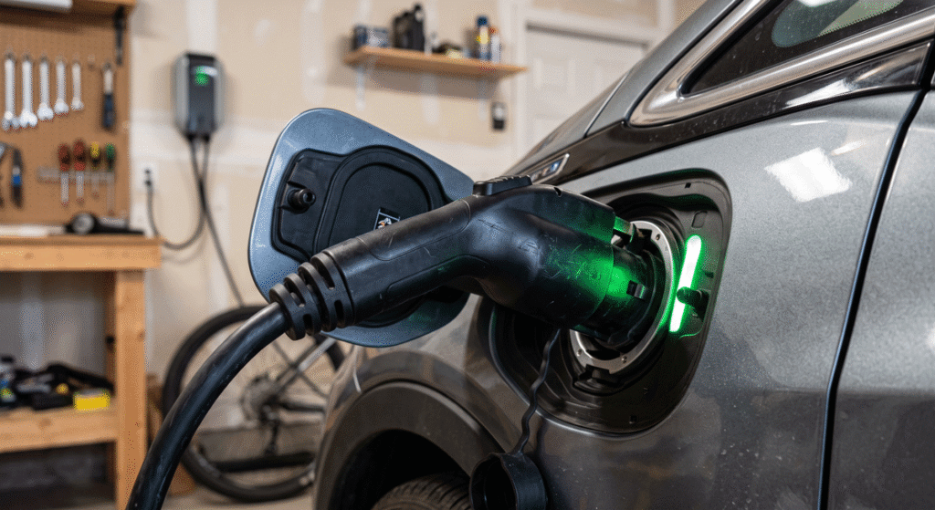 Electric car being charged in a home garage, with the charging nozzle plugged into the vehicle and a green indicator light visible.
