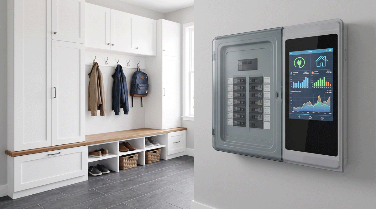 a modern smart electrical panel with an energy-monitoring display
