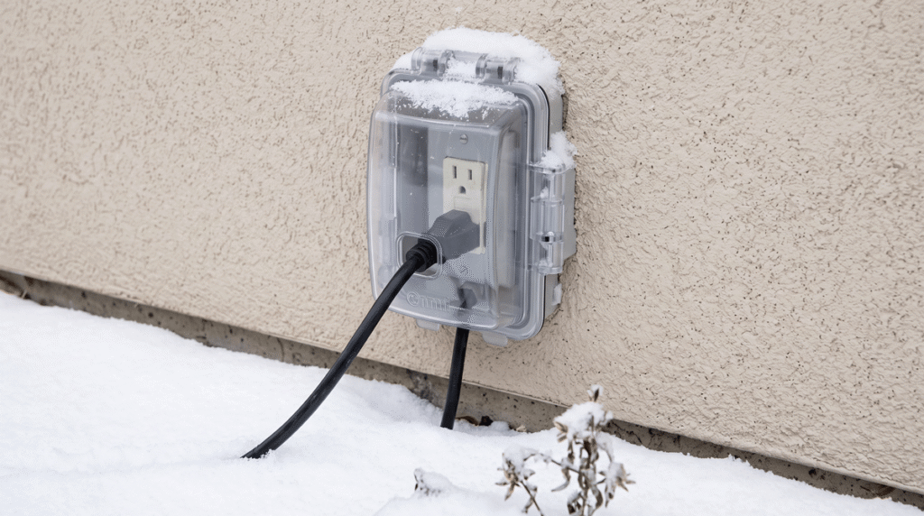 Outdoor weatherproof outlet with clear cover on a snow-covered wall; two black cables plugged in.