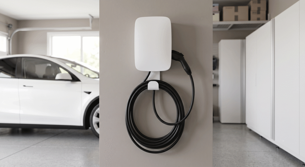 a-clean-unbranded-white-wall-mounted-home-EV-charger - Kemp Co Electric Wall-mounted EV charger with a coiled charging cable in a tidy home garage next to a white electric car