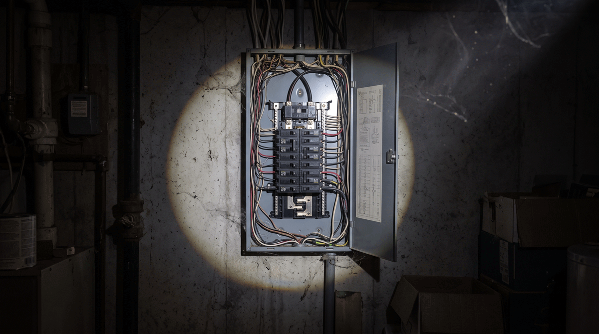 a North American residential electrical panel on a basement
