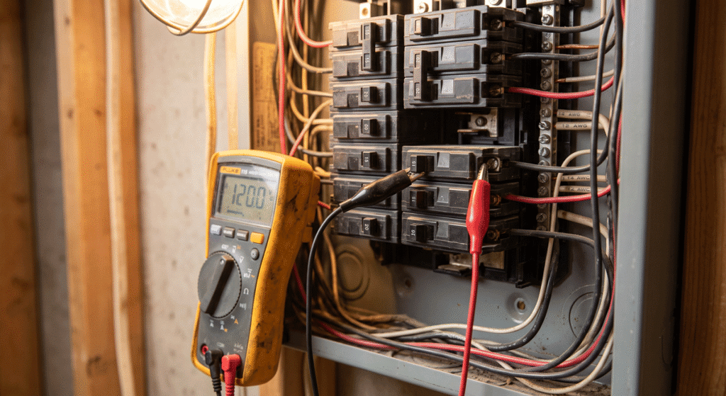 a-multimeter-clipped-to-breaker-terminals - Kemp Co Electric Digital multimeter measures voltage in an electrical breaker box. Digital display shows reading as probes touch the panel.
