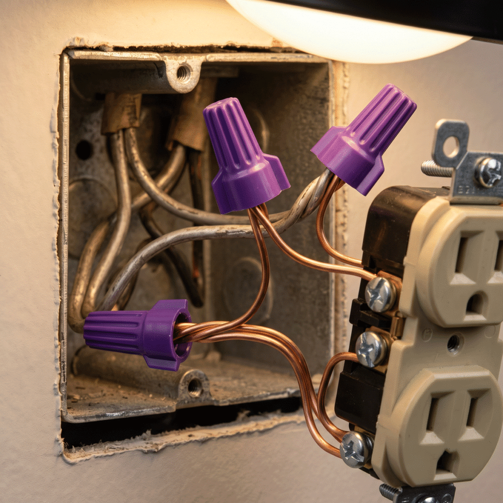 copper-pigtail-connectors - Kemp Co Electric Open electrical outlet box with copper wires joined by purple wire nuts and a partially installed outlet.