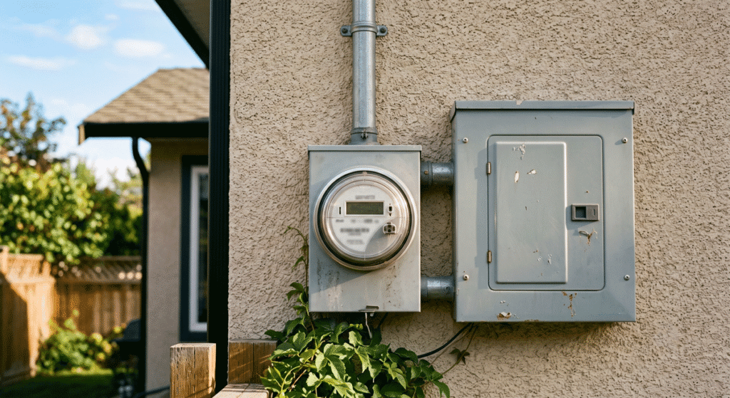 a-hand-height-electricity-meter - Kemp Co Electric Outdoor electrical meter and breaker panel mounted on a stucco house wall, with a vine growing at the base of the boxs and a wooden fence in the background.