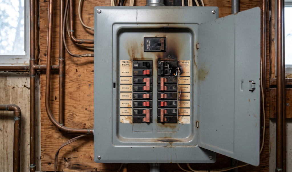 1b1 - Kemp Co Electric Open Federal Pacific electrical panel with red circuit breakers mounted on a wooden basement wall.