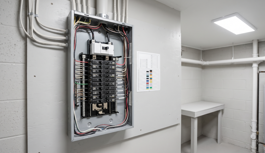 1b2 - Kemp Co Electric Open electrical breaker panel with numerous wires and circuit breakers mounted on a gray wall, in a basement utility room with a worktable nearby.