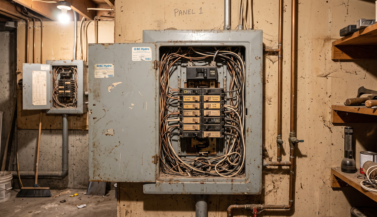 1f - Kemp Co Electric - Kemp Co Electric Old electrical panel in a dusty basement with tangled wires and a broom nearby.