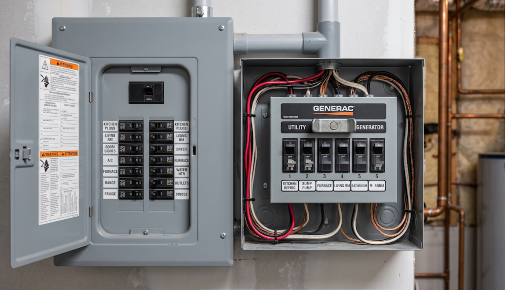 4b1 - Kemp Co Electric Open electrical service panel with circuit breakers and a separate Generac generator transfer switch box showing wires and labels
