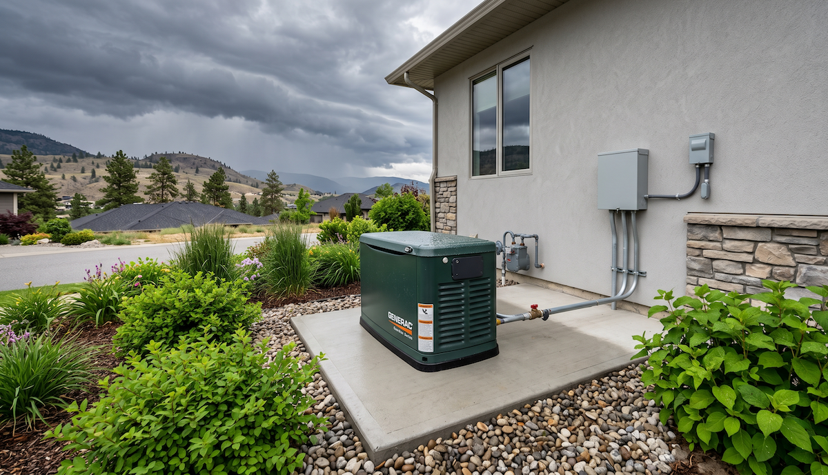 4f - Kemp Co Electric - Kemp Co Electric Standby generator on a concrete pad beside a house, with electrical conduits and meters, surrounded by rocks and shrubs under an overcast sky.
