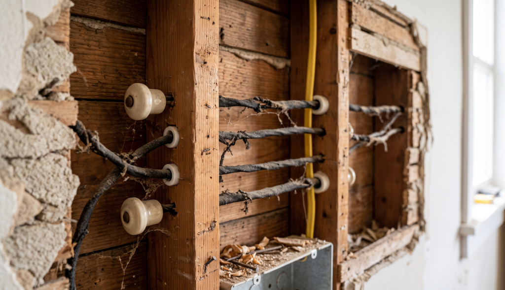 Open-wall electrical wiring: exposed wooden studs with old ceramic-insulated wires and a metal electrical box in progress of renovation.