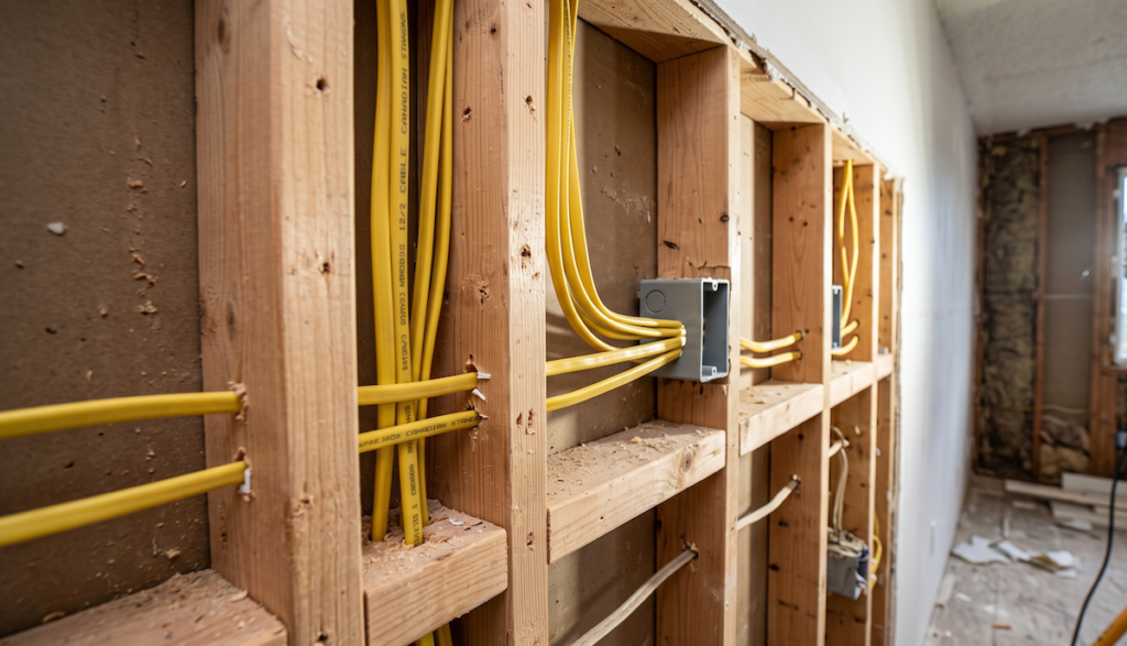 Electrical cables run through wooden studs in a partially finished wall during renovation, with a metal electrical box installed.