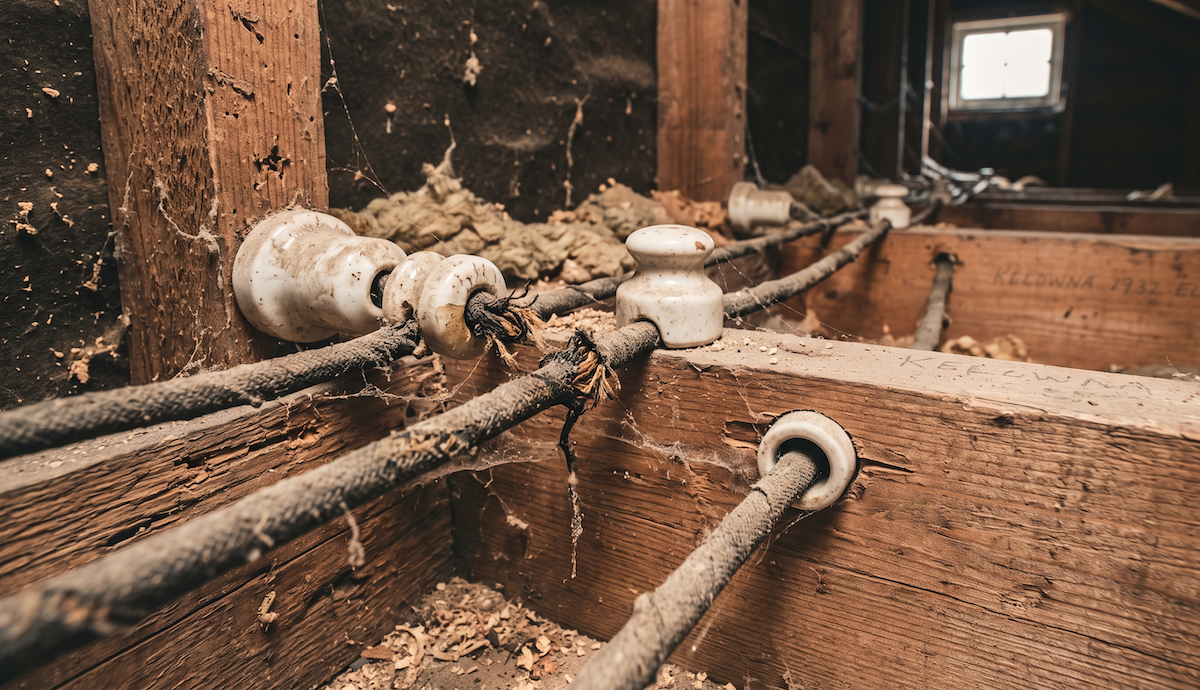 Dusty old wiring with ceramic insulators in an abandoned attic, with cobwebs and debris on wooden beams.