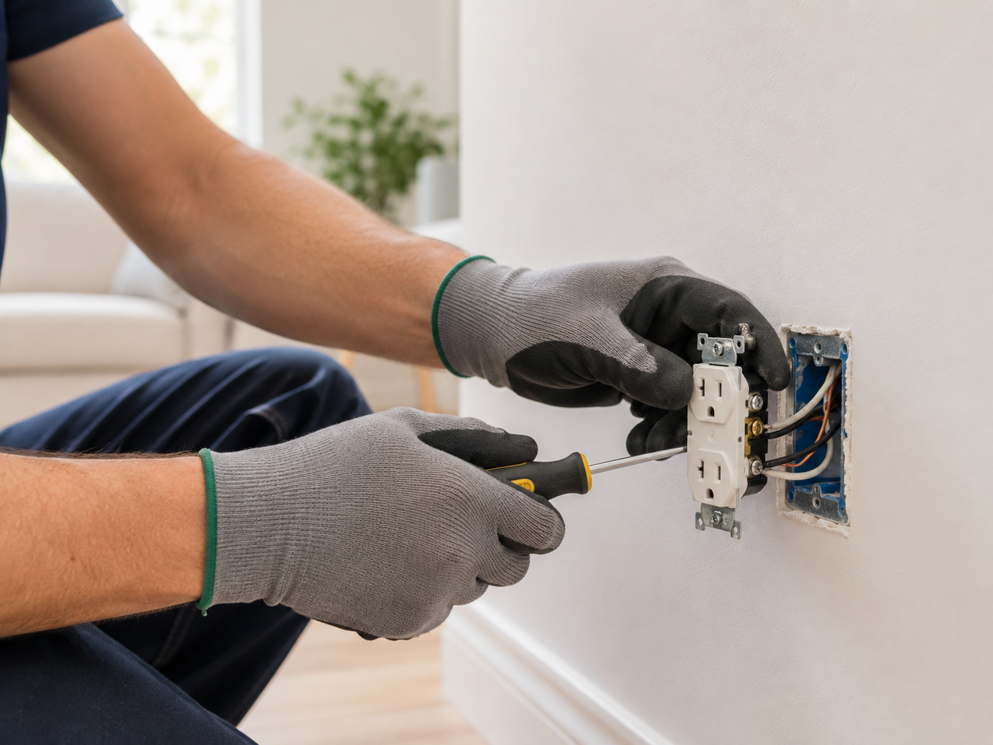 Outlet Wiring - Kemp Co Electric Electrician wearing gloves mounting or wiring a wall outlet with a screwdriver in a residential setting